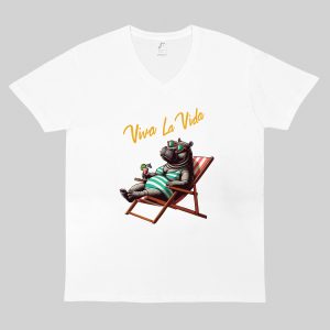 T-shirt blanc col V homme vue de face Visuel Animaux drôles I - Humours Col V Hommes / Hippopotame II ~ Summers Vibes