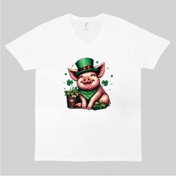 T-shirt blanc col V homme vue de face Visuel Cochons I - Saint Patrick Col V Hommes / Cochon ~ Saint Patrick