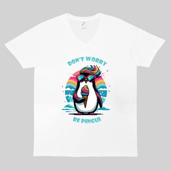 T-shirt blanc col V homme vue de face Visuel Pinguins I - Eat me, drunk me Col V Hommes / Pinguin ~ Eat me, drunk me