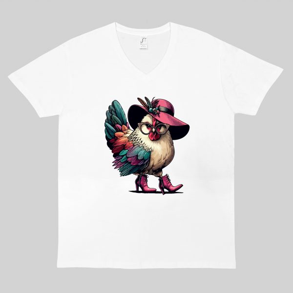 T-shirt blanc col V homme vue de face Visuel Poules I - Humours Col V Hommes / Poule I ~ Humours