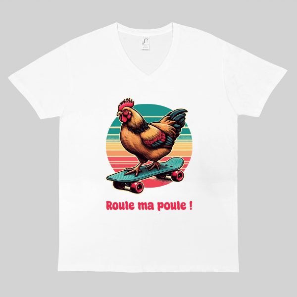 T-shirt blanc col V homme vue de face Visuel Poules III - Humours Col V Hommes / Poule III ~ Humours