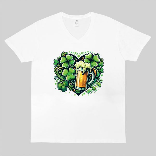 T-shirt blanc col V homme vue de face Visuel fête de la Saint Patrick IV - Saint Patrick Col V Hommes / Bière I ~ Saint Patrick