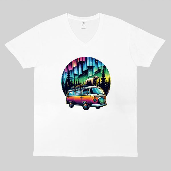 T-shirt blanc col V homme vue de face Visuel van III - Véhicules Col V Hommes / Van III ~ Vintages Cars