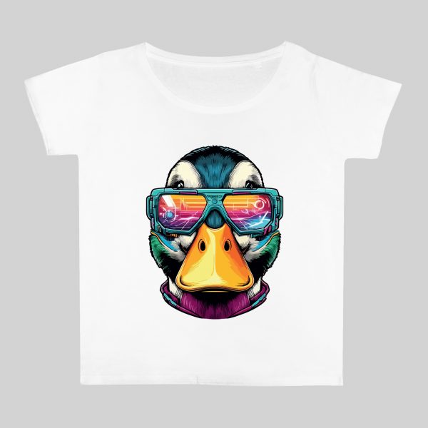 T-shirt blanc col rond large femme vue de face Canards lunettes futuristes I Col rond Femmes / Canard ~ Colors Vibes