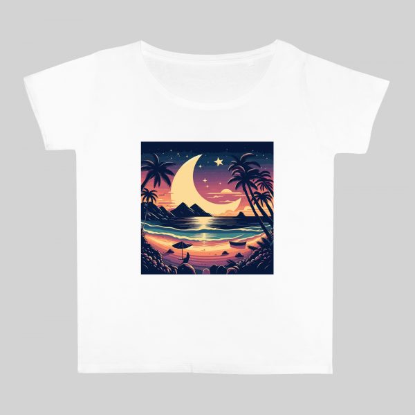 T-shirt blanc col rond large femme vue de face Visuel Lune de mer I - Paysages Col rond Femmes / Lune de mer ~ Summers Vibes