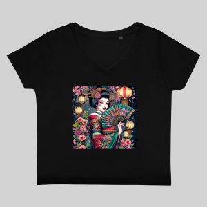 T-shirt noir col V femme vue de face Visuel Geishas 3 - Asia Col V Femmes / Geïsha III ~ Asia