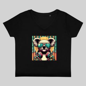 T-shirt noir col V femme vue de face Visuel Koalas I - Animaux Col V Femmes / Koala ~ Summers Vibes