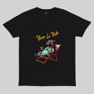 T-shirt noir col V homme vue de face Visuel Animaux drôles I - Humours Col V Hommes / Hippopotame II ~ Summers Vibes