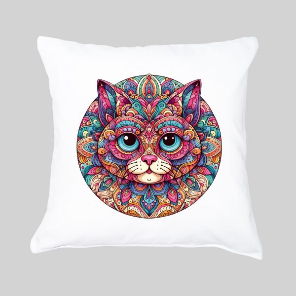 Coussin blanc vue de face Chat Mandala I Housse de coussin Chat ~ Mandala