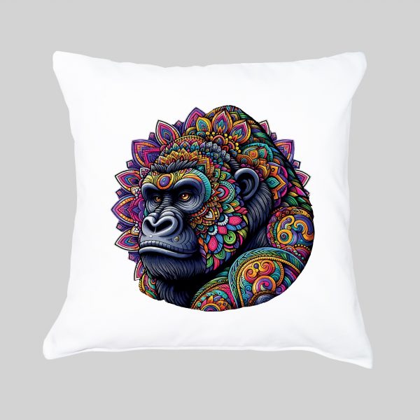 Coussin blanc vue de face Gorille Mandala I Housse de coussin Gorille ~ Mandala