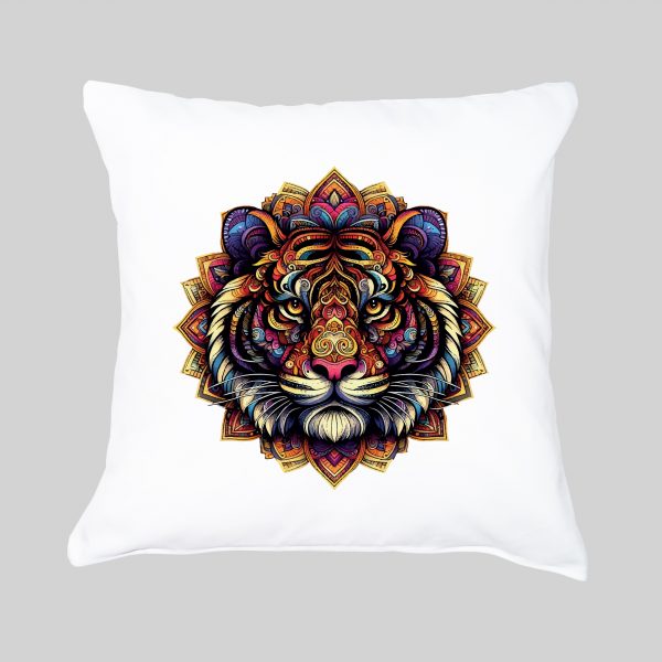Coussin blanc vue de face Tigre Mandala I Housse de coussin Tigre ~ Mandala