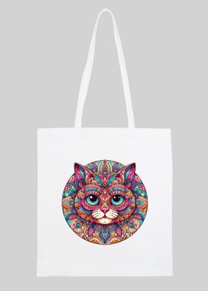 Masque sac tote bag blanc vue de face Chat Mandala I Tote Bag Chat ~ Mandala