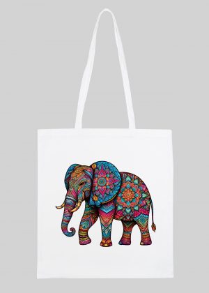 Masque sac tote bag blanc vue de face Elephant Mandala I Tote Bag Eléphant ~ Mandala