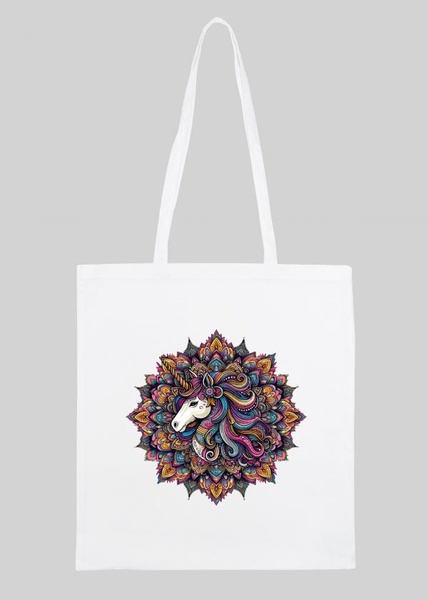 Masque sac tote bag blanc vue de face Licorne Mandala I Tote Bag Licorne ~ Mandala