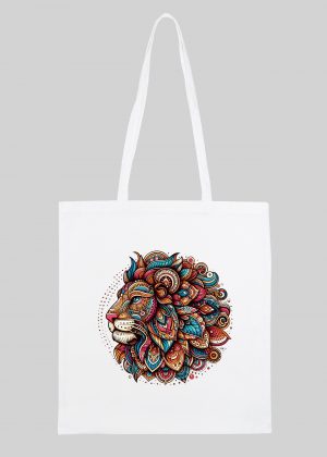 Masque sac tote bag blanc vue de face Lion Mandala I Tote Bag Lion ~ Mandala