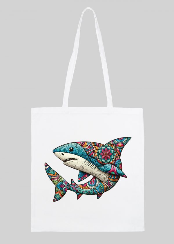 Masque sac tote bag blanc vue de face Requin Mandala I Tote Bag Requin ~ Mandala