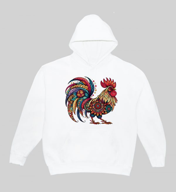 Sweets blanc capuche adultes vue de face Coq Mandala I Sweats à capuche Unisexe Adultes / Coq ~ Mandala