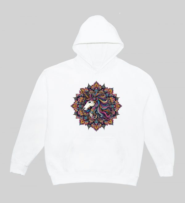 Sweets blanc capuche adultes vue de face Licorne Mandala I Sweats à capuche Unisexe Adultes / Licorne ~ Mandala