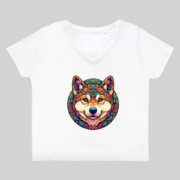 T-shirt blanc col V femme vue de face Chien Mandala I Col V Femmes / Chien ~ Mandala