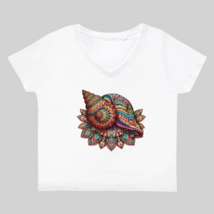 T-shirt blanc col V femme vue de face Coquillage mandala I Col V Femmes / Coquillage ~ Mandala