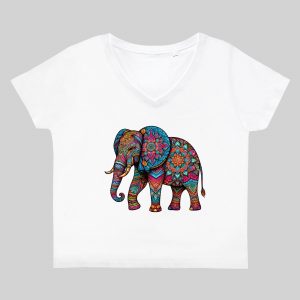 T-shirt blanc col V femme vue de face Elephant Mandala I Col V Femmes / Eléphant ~ Mandala