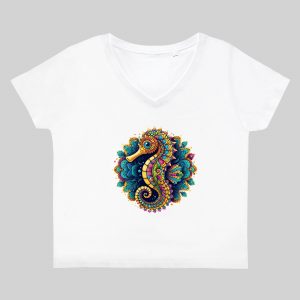 T-shirt blanc col V femme vue de face Hippocampe Mandala I Col V Femmes / Hippocampe ~ Mandala