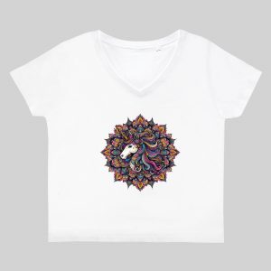 T-shirt blanc col V femme vue de face Licorne Mandala I Col V Femmes / Licorne ~ Mandala