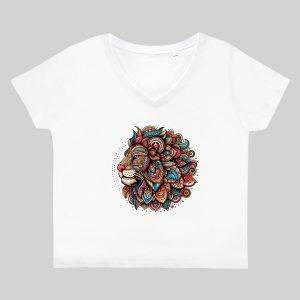 T-shirt blanc col V femme vue de face Lion Mandala I Col V Femmes / Lion ~ Mandala