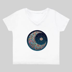 T-shirt blanc col V femme vue de face Lune mandala I Col V Femmes / Lune I ~ Mandala