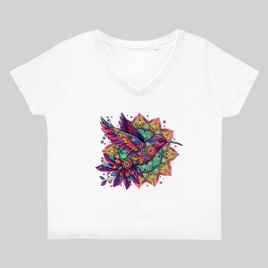 T-shirt blanc col V femme vue de face Oiseaux Mandala I Col V Femmes / Oiseaux ~ Mandala