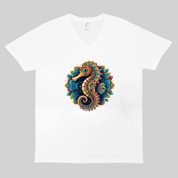 T-shirt blanc col V homme vue de face Hippocampe Mandala I Col V Hommes / Hippocampe ~ Mandala