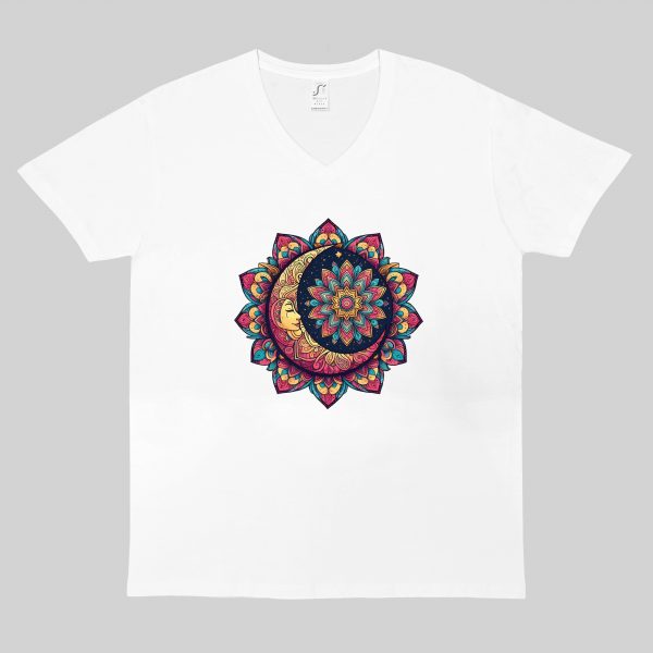 T-shirt blanc col V homme vue de face Lune mandala II Col V Hommes / Lune II ~ Mandala