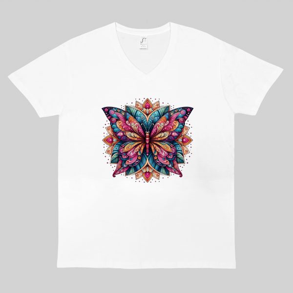 T-shirt blanc col V homme vue de face Papillon Mandala II Col V Hommes / Papillon II ~ Mandala