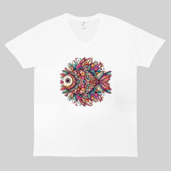 T-shirt blanc col V homme vue de face Poisson Mandala I Col V Hommes / Poisson ~ Mandala