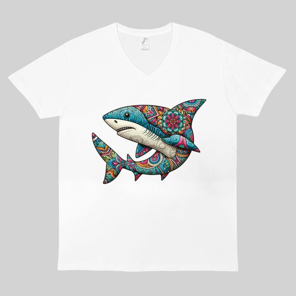 T-shirt blanc col V homme vue de face Requin Mandala I Col V Hommes / Requin ~ Mandala