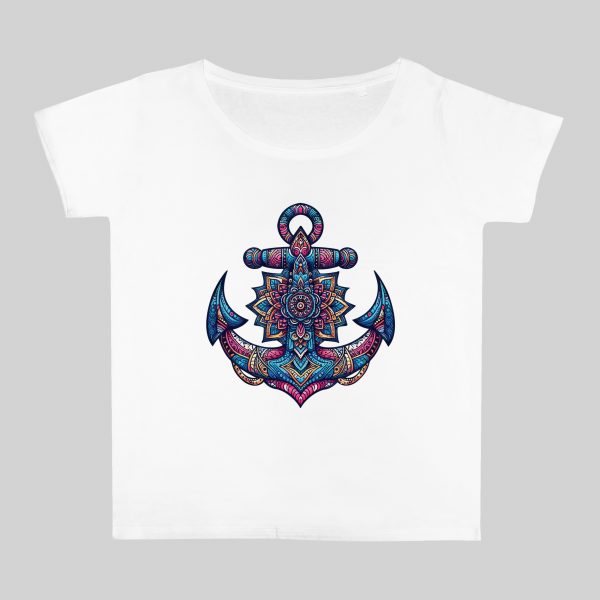 T-shirt blanc col rond large femme vue de face Ancre Mandala I Col rond Femmes / Ancre ~ Mandala