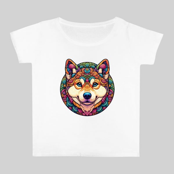 T-shirt blanc col rond large femme vue de face Chien Mandala I Col rond Femmes / Chien ~ Mandala