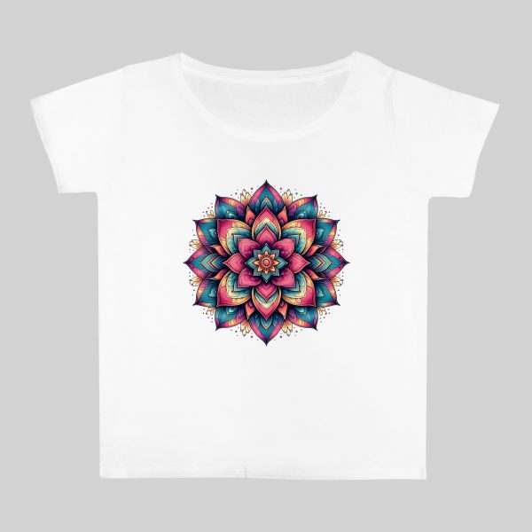 T-shirt blanc col rond large femme vue de face Fleurs Mandala I Col rond Femmes / Fleurs ~ Mandala