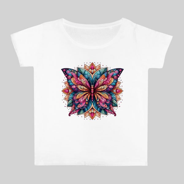 T-shirt blanc col rond large femme vue de face Papillon Mandala II Col rond Femmes / Papillon II ~ Mandala