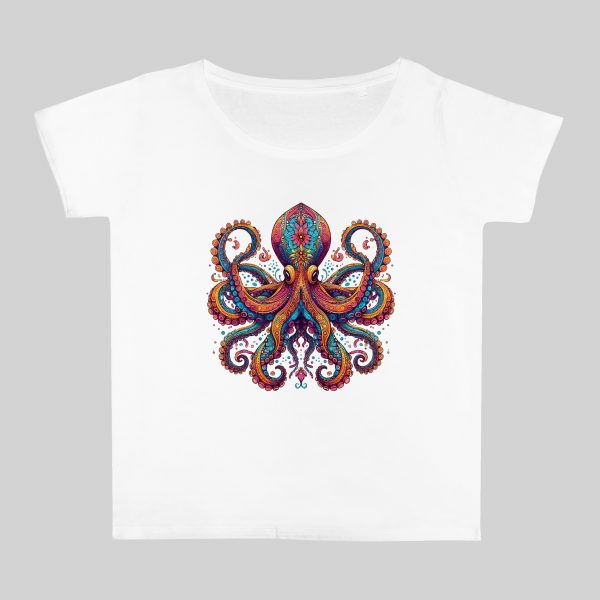 T-shirt blanc col rond large femme vue de face Pieuvre Mandala I Col rond Femmes / Pieuvre ~ Mandala