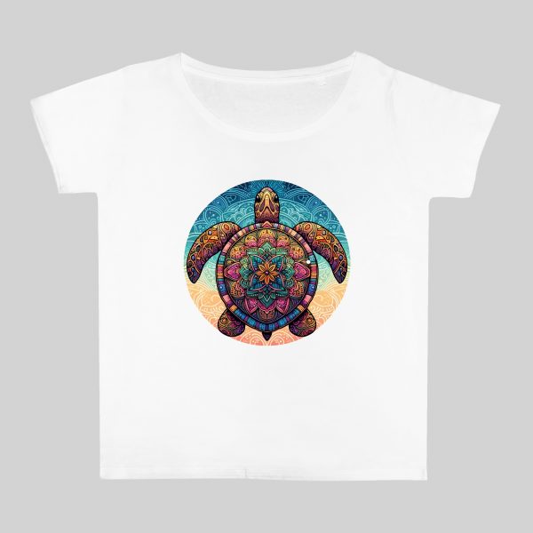T-shirt blanc col rond large femme vue de face Tortue mandala I Col rond Femmes / Tortue ~ Mandala
