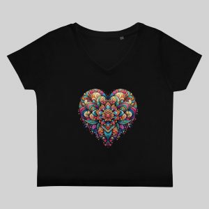 T-shirt noir col V femme vue de face Coeur mandala I Col V Femmes / Coeur ~ Mandala