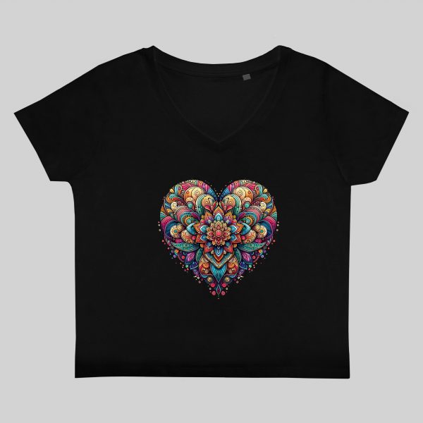 T-shirt noir col V femme vue de face Coeur mandala I Col V Femmes / Coeur ~ Mandala
