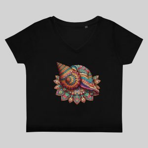 T-shirt noir col V femme vue de face Coquillage mandala I Col V Femmes / Coquillage ~ Mandala