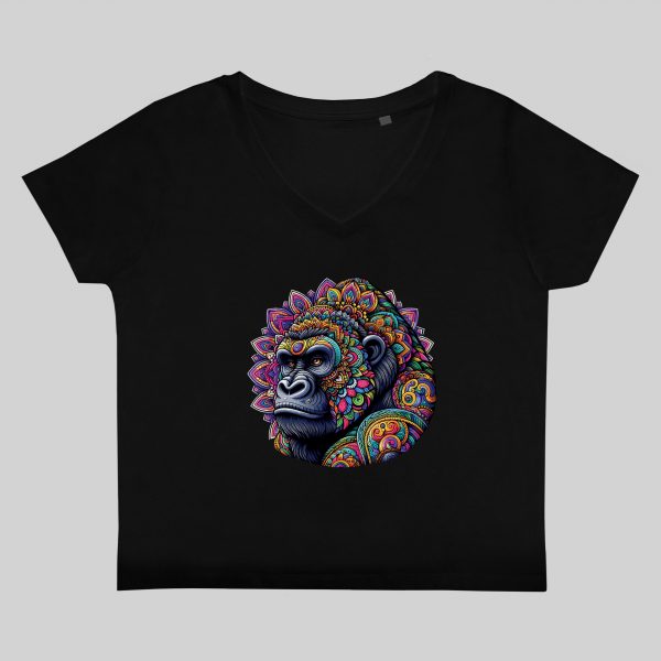 T-shirt noir col V femme vue de face Gorille Mandala I Col V Femmes / Gorille ~ Mandala