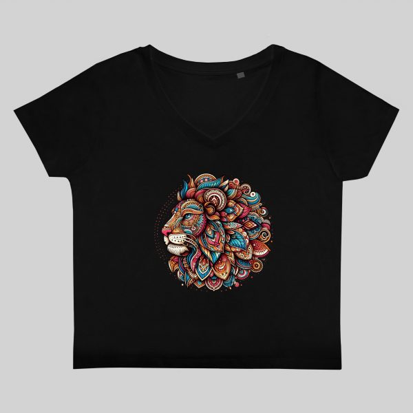 T-shirt noir col V femme vue de face Lion Mandala I Col V Femmes / Lion ~ Mandala