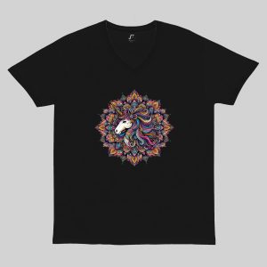 T-shirt noir col V homme vue de face Licorne Mandala I Col V Hommes / Licorne ~ Mandala