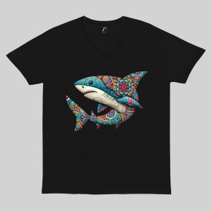 T-shirt noir col V homme vue de face Requin Mandala I Col V Hommes / Requin ~ Mandala