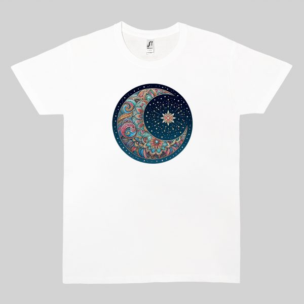 Tshirt blanc col rond homme vue de face Lune mandala I Col rond Hommes / Lune I ~ Mandala