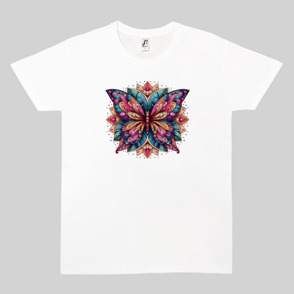 Tshirt blanc col rond homme vue de face Papillon Mandala II Col rond Hommes / Tortue ~ Mandala
